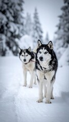 Naklejka premium Two Huskies in snowy forest