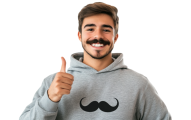 Young man in casual hoodie pointing at large mural for modern urban street art concept isolated on transparent background PNG