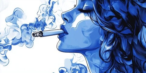 A stylized, vibrant  close-up of a woman with flowing hair and closed eyes, exhaling a dense plume of smoke in a bright blue color.