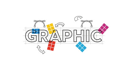 Graphic design concept image showcasing the word "GRAPHIC" built with geometric shapes and design tools, symbolizing creativity and visual communication
