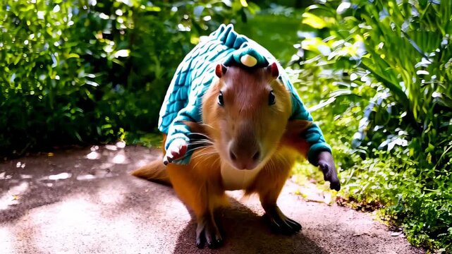 A cute capybara dressed in a blue and white dragon costume, standing upright in a lush green garden with vibrant foliage and flowers in the background. Concept of fantasy and cosplay