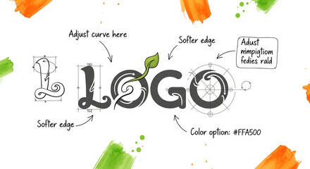 Logo design mockup with leaf element,  showing design process and color option #FFA500, showcasing branding and graphic design concepts