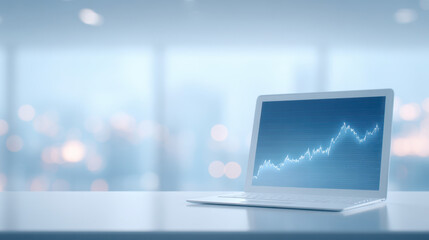 Laptop on white desk displays rising financial graph on screen, symbolizing business growth and success in bright office environment