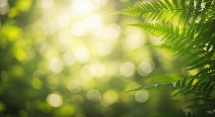 Obraz premium Sunlight filters through lush green fern leaves, creating a soft, dappled bokeh effect in a serene forest setting