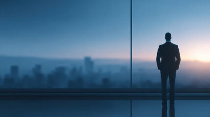 Obraz na płótnie Canvas Businessman in suit stands confidently by large window overlooking city skyline at sunrise, evoking ambition and calm