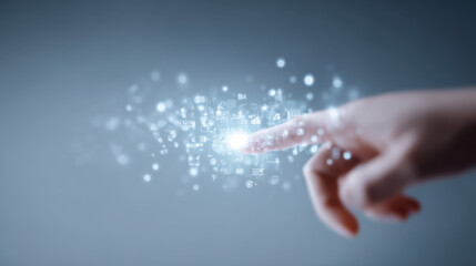 Hand pushing invisible digital button on holographic interface with glowing icons and futuristic technology elements
