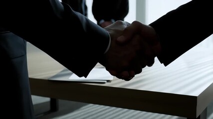 Two caucasian men in business suits shaking hands in the foreground, with other colleagues standing in the background near a window, embodying the concept of a successful business deal - Powered by Adobe