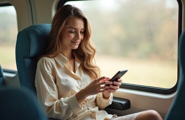 Woman uses phone in train. Lady holds mobile looks at screen. Girl travels by railroad transport, reads news, chats online. Pretty female passenger sits near window.