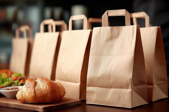 A croissant sits on a wooden board near brown takeout bags. A warm, inviting still life shot. Food delivery, bakery goods, fresh pastries.