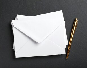 Blank white envelopes and gold pen on dark background