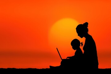 Silhouette of a mother and child using a laptop at sunset. An inspiring image of connection. Technology, family values, education.