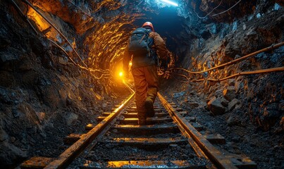 A miner walking along a dark, railway track in a mine tunnel