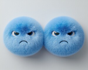 Two fuzzy, light-blue emoticon spheres with angry expressions