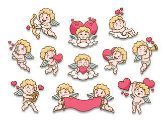 Vector set of cute colorful cupids stickers with hearts. Small angels with wings bow heart hunters fly in the sky. Sticker collection of various angels or cupids printable template a4