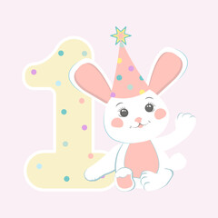 Character little cute bunny, rabbit, baby, number one, one year, birthday