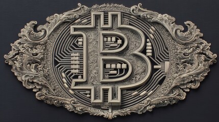 Bitcoin emblem with intricate ornate details and technological circuitry design