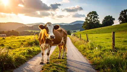 Cow on a country road at sunset