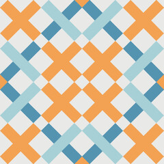 Geometric Cross Pattern in Orange Blue and White Seamless Abstract Design for Background or Tile Decor