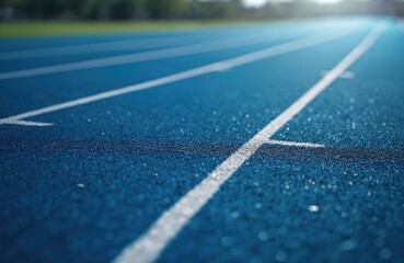 Blue athletic running track with white lane lines. Empty stadium track surface under bright sunlight. Sports arena background for track and field competitions. Race start line focus.
