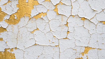 Obraz premium Close-up of a white and gold oil-painted wall that is cracked and peeling off.