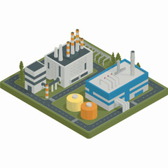 Isometric factory illustration showing industrial plant buildings with storage tanks and pipes against a white background cartoon design
