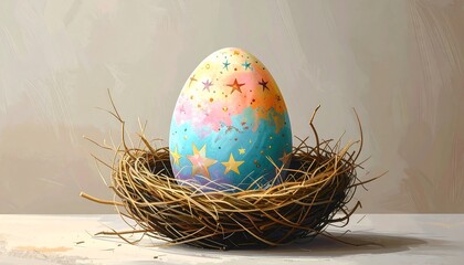 Obraz premium A vibrantly colored egg, adorned with stars, rests gently within a rustic nest against a muted backdrop.