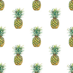 Fototapeta premium Sunny pineapple seamless watercolor pattern with botanical accents. White background for tropical branding and packaging projects