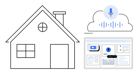 Minimalistic house outline, voice recognition in cloud interface, data dashboards. Ideal for smart home, IoT, cybersecurity, remote control, automation, AI integration flat style metaphor