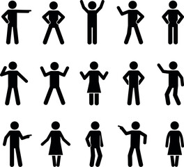 Human Silhouette Icon Set Featuring Diverse Poses, Gestures, Standing, Pointing, Waving, Dancing, Male and Female Figures for UI Design