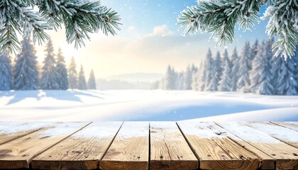 A rustic wooden table covered in snow, set against a serene winter landscape of snow-covered evergreen trees.