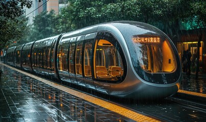 Modern light rail in a city during a rain shower