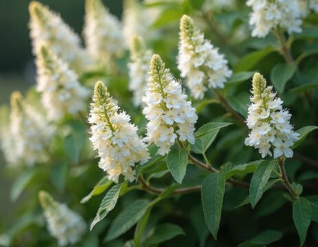 White flowers of Clethra alnifolia bloom in summertime. Flowers and green leaves make a vibrant floral arrangement. This is a close-up photo of sweet pepperbush blossoms.