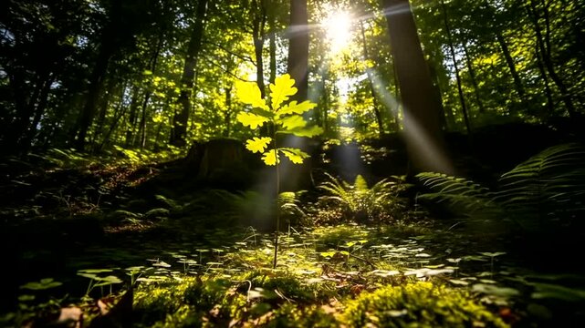 Sunlight filtering through a lush green forest with an oak sapling growing on the forest floor and