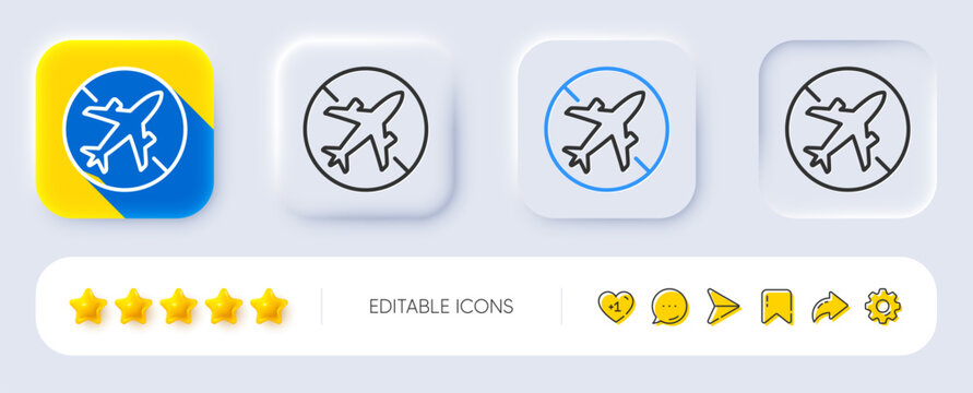 Airplane mode line icon. Neumorphic, Flat shadow, 3d buttons. Cancel flight sign. Turn off mobile in plane symbol. Line airplane mode icon. Social media icons. Vector