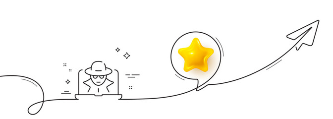 Fraud line icon. Continuous line with share plane. Spy of thief sign. Cyber hack symbol. 3d star in speech bubble. Fraud single line ribbon. Loop curve pattern. Vector