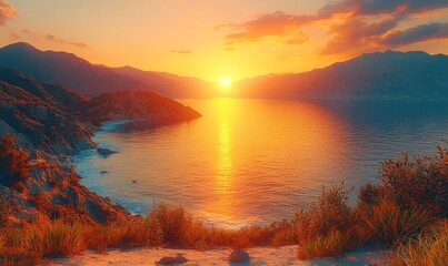 Dramatic sunset over a tranquil coastline