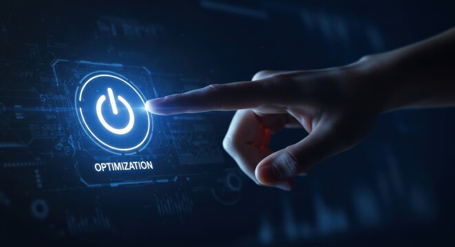 Hand presses button to optimize with digital interface and glowing symbols
