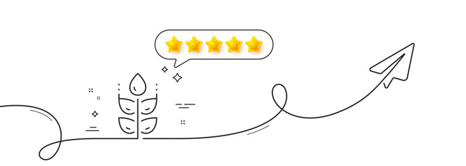 Gluten free line icon. Continuous line with share plane. Organic tested sign. Natural product symbol. Five star rate review in speech bubble. Gluten free single line ribbon. Loop curve pattern. Vector