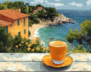 Coastal caf? scene with a warm drink