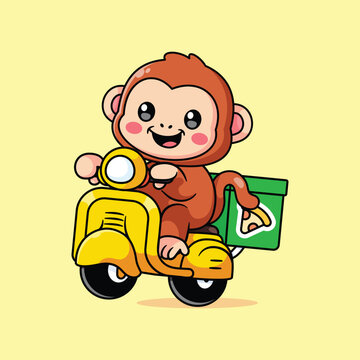 Cute Monkey Riding Scooter Delivery Cartoon Vector Illustration