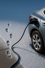 Naklejka premium Electric car charging in the snow with footprints leading away, a sustainable lifestyle concept.