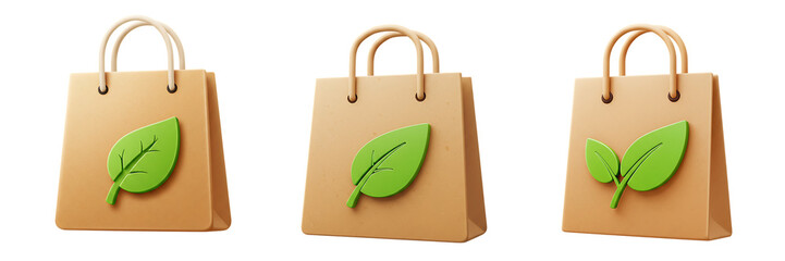 Eco friendly paper shopping bag with green leaf isolated on transparent background