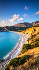 Naklejka premium A breathtaking coastal scene showcases a turquoise bay, a pristine white pebble beach, and rolling hills, bathed in the soft light of a sunrise or sunset.