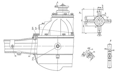 Rear axle and crossbeam of a truck.
Engineering automotive assembly mechanical drawing of steel 
device on paper sheet. Industrial cad scheme. 
Technology design of machine building industry.