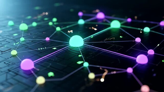 Abstract illustration of a network of glowing connections over a circuit board. - Powered by Adobe