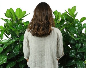Woman with back to camera, surrounded by lush green foliage