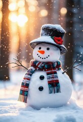 A cheerful snowman adorned with a hat and scarf, surrounded by a winter wonderland, capturing the magic of the snowy season with a warm, glowing background.