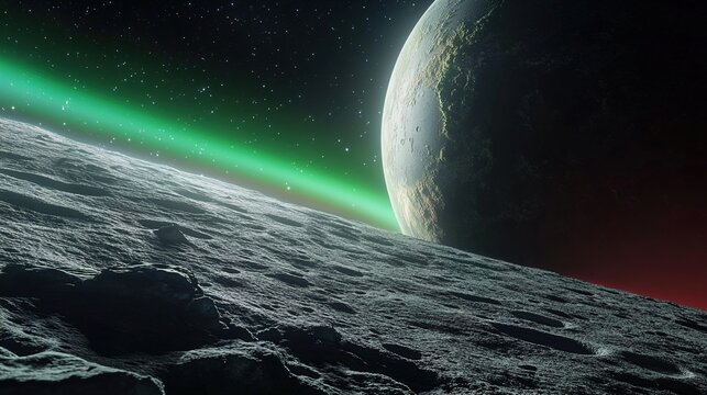 Earth&acirc;&euro;&trade;s aurora from lunar orbit, vibrant arcs of green and red curving around the planet&acirc;&euro;&trade;s edge