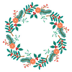Christmas wreath with twig, berries and orange. Mistletoe and spruce branches, holly and citrus. Botanical frame round shape with copy space. Cartoon objects on white background. Vector design.