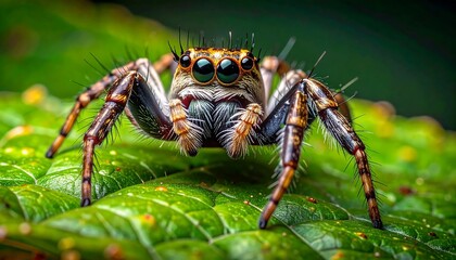 A close-up view of a jumping spider, showcasing its intricate details and vibrant colors on a lush green leaf.